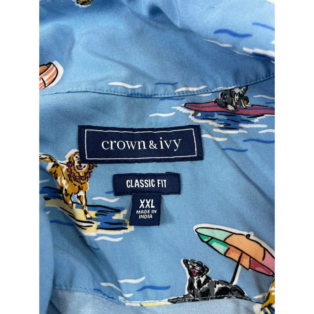Crown & Ivy Surfing Dogs Graphic Rayon Button Down Shirt Blue XXL Novelty Camp - Picture 3 of 7